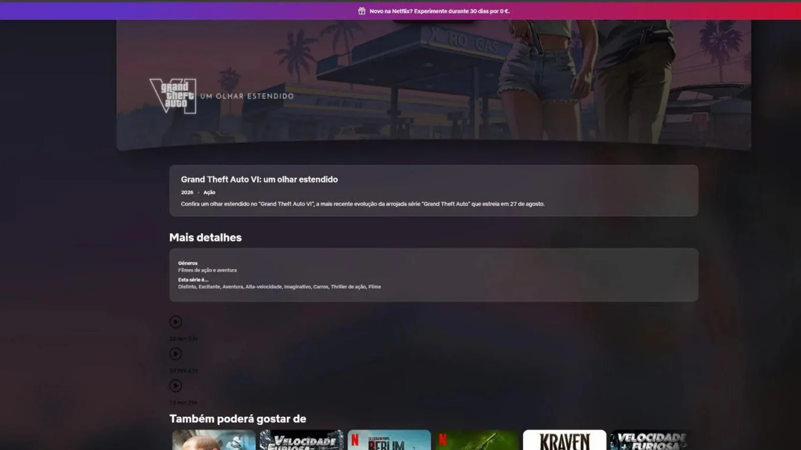 Netflix Portugal page for Grand Theft Auto VI: An Extended Look that briefly showed three episode placeholders