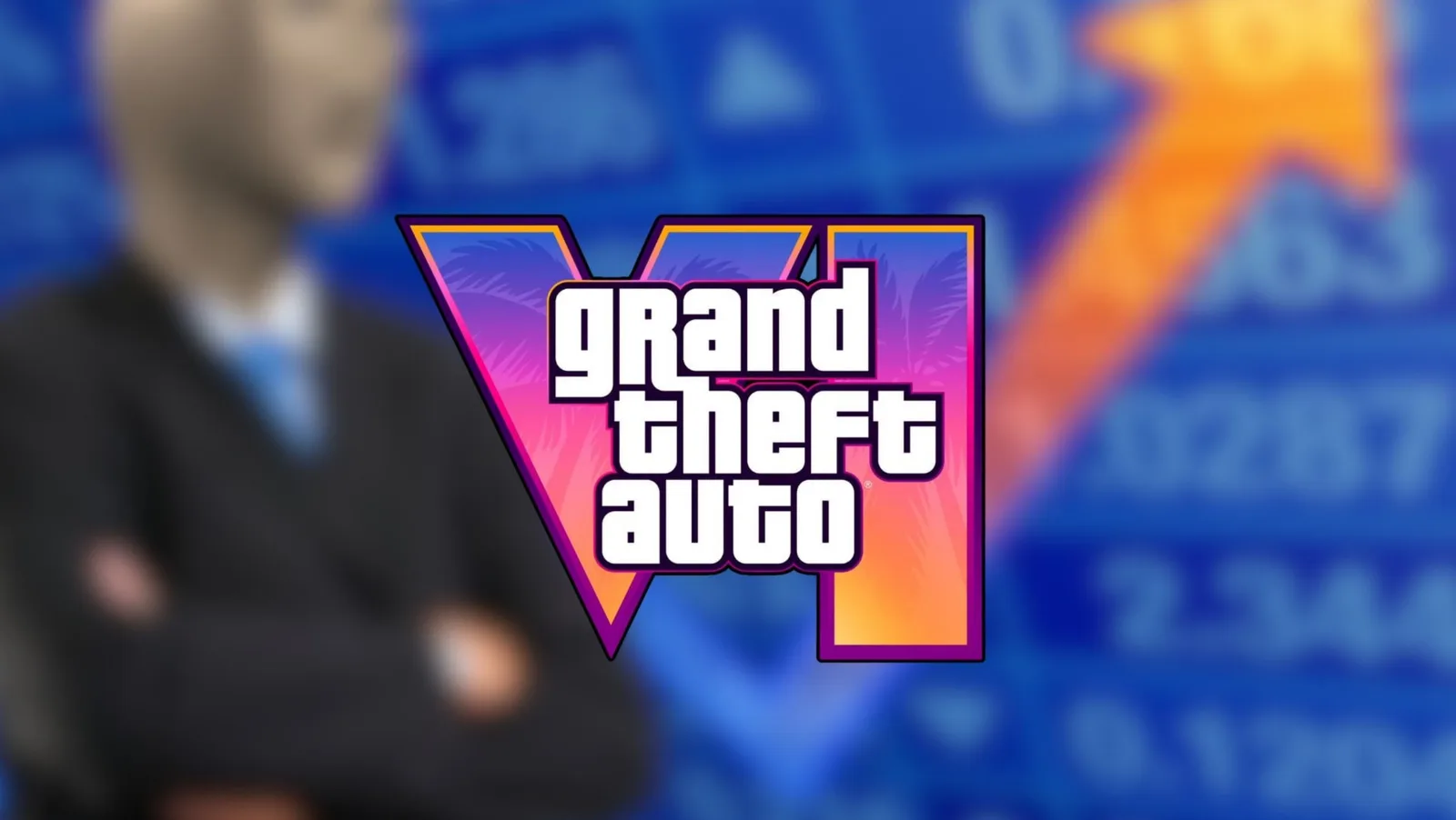 The GTA 6 logo over a blurred stock-market backdrop with a rising orange arrow