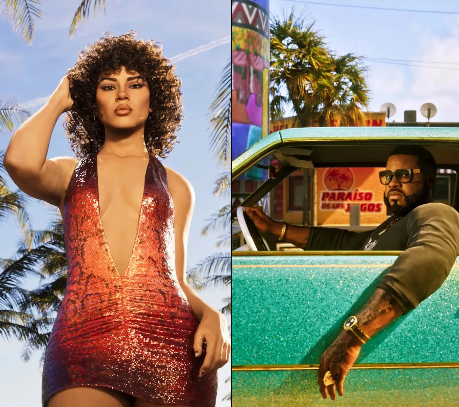 Official GTA 6 artwork of a woman in a sequinned dress beside a man leaning from a teal lowrider