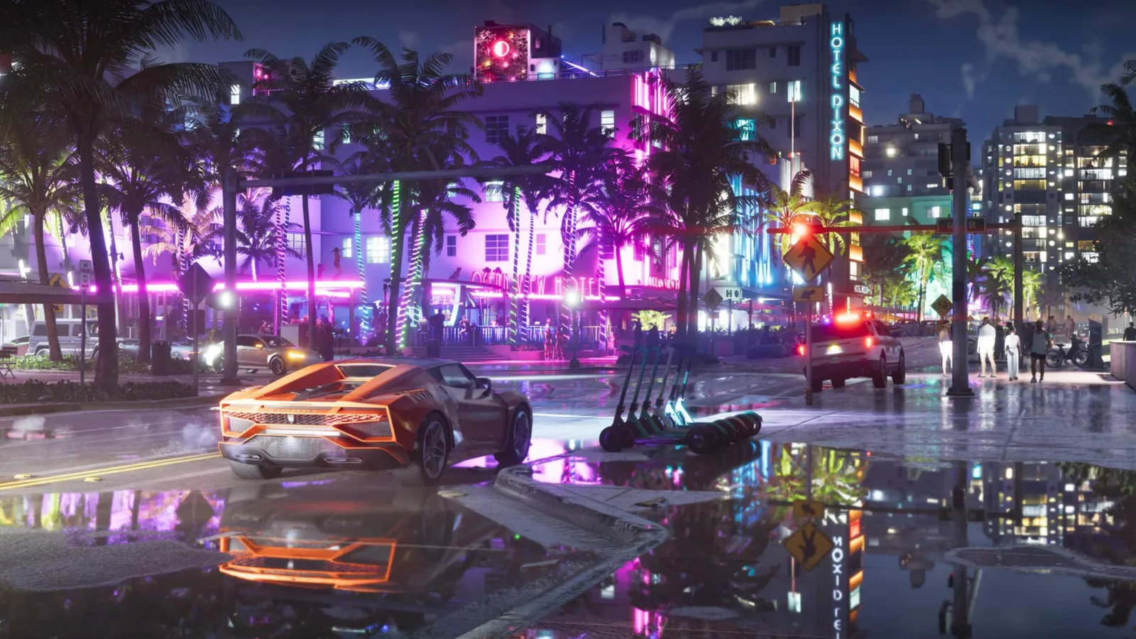 A neon-lit Ocean Drive at night with an orange sports car and parked scooters in GTA 6