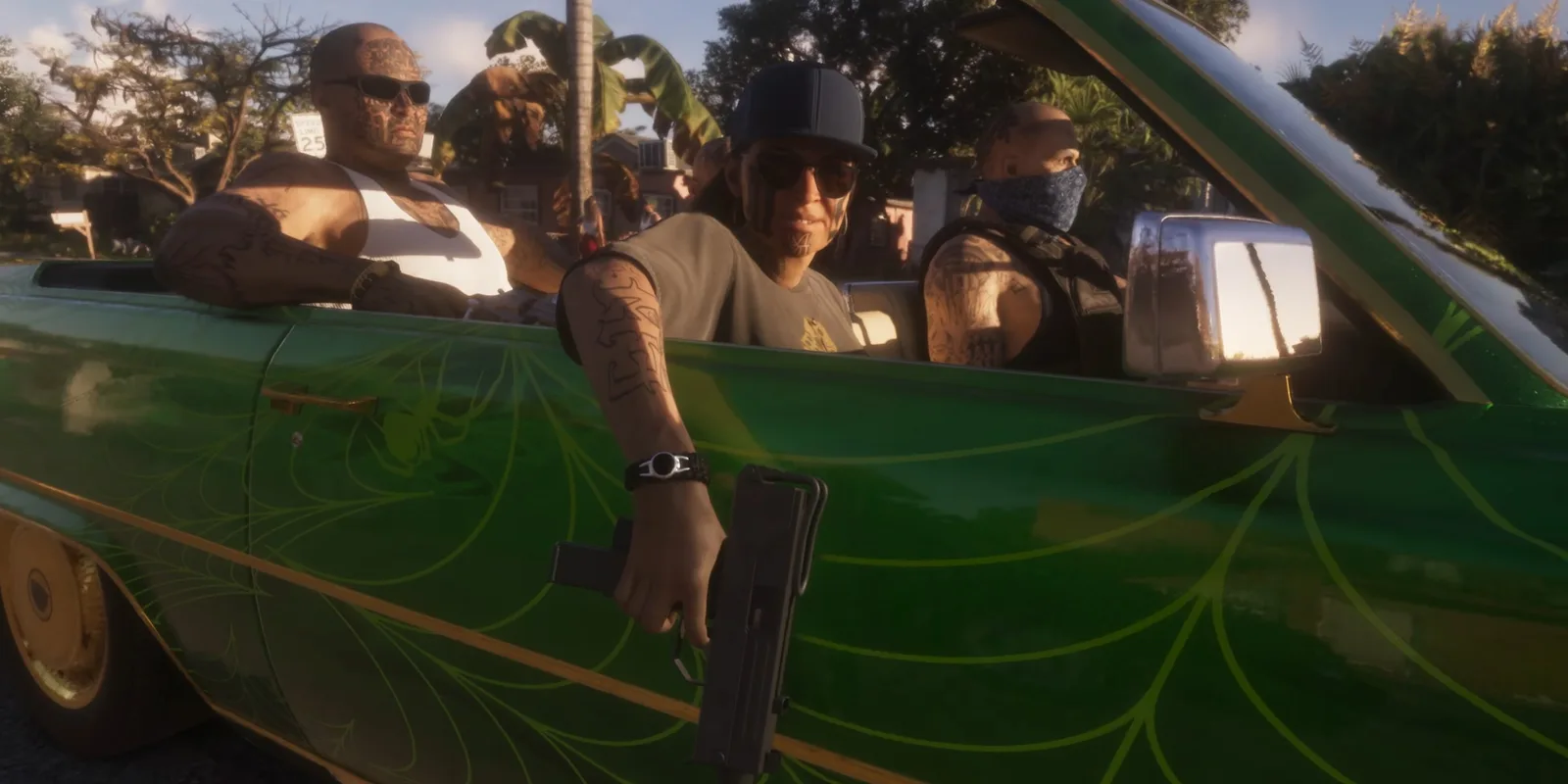 A tattooed woman in a cap and sunglasses holds a machine pistol out of a green lowrider full of gang members in the GTA 6 launch trailer