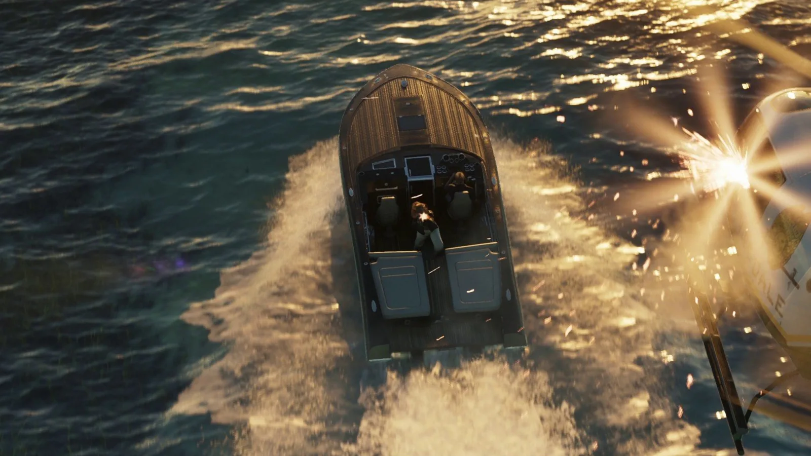 A speedboat cutting across dark water at night while muzzle flashes light up a pursuing boat in GTA 6