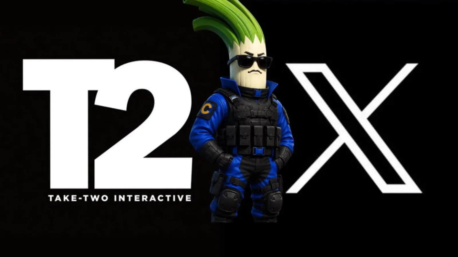 Take-Two Interactive and X logos on a black background with the Cyberleek leek mascot standing between them