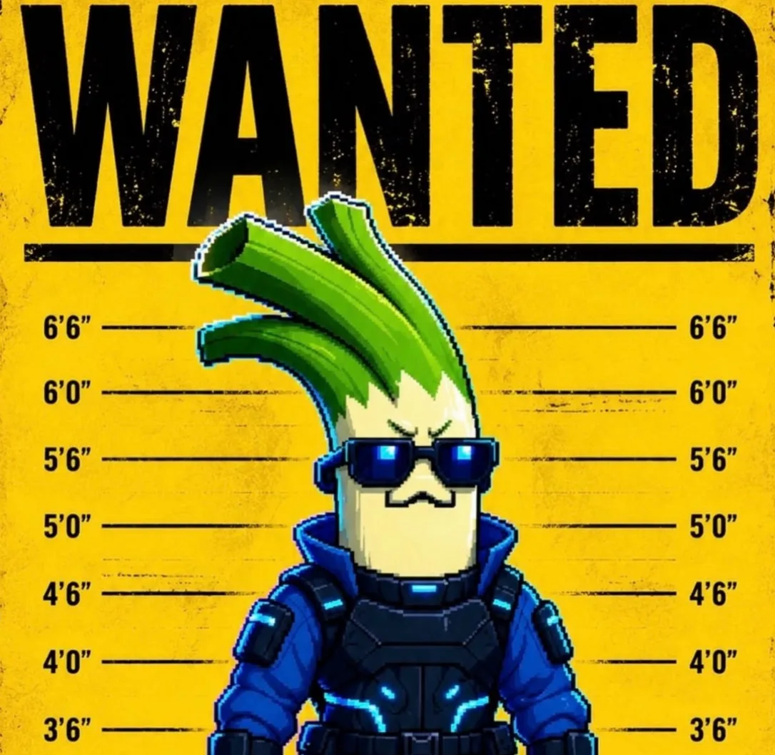 Pixel art wanted poster showing the Cyberleek leek mascot in sunglasses and tactical gear against a police lineup height chart