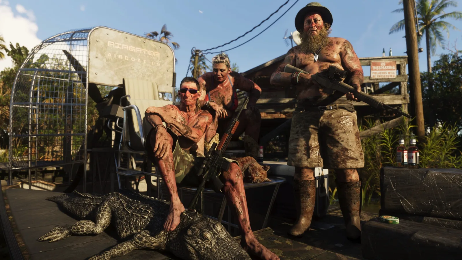 Three mud covered characters posing with rifles beside an airboat and an alligator in the Leonida swamps in GTA 6