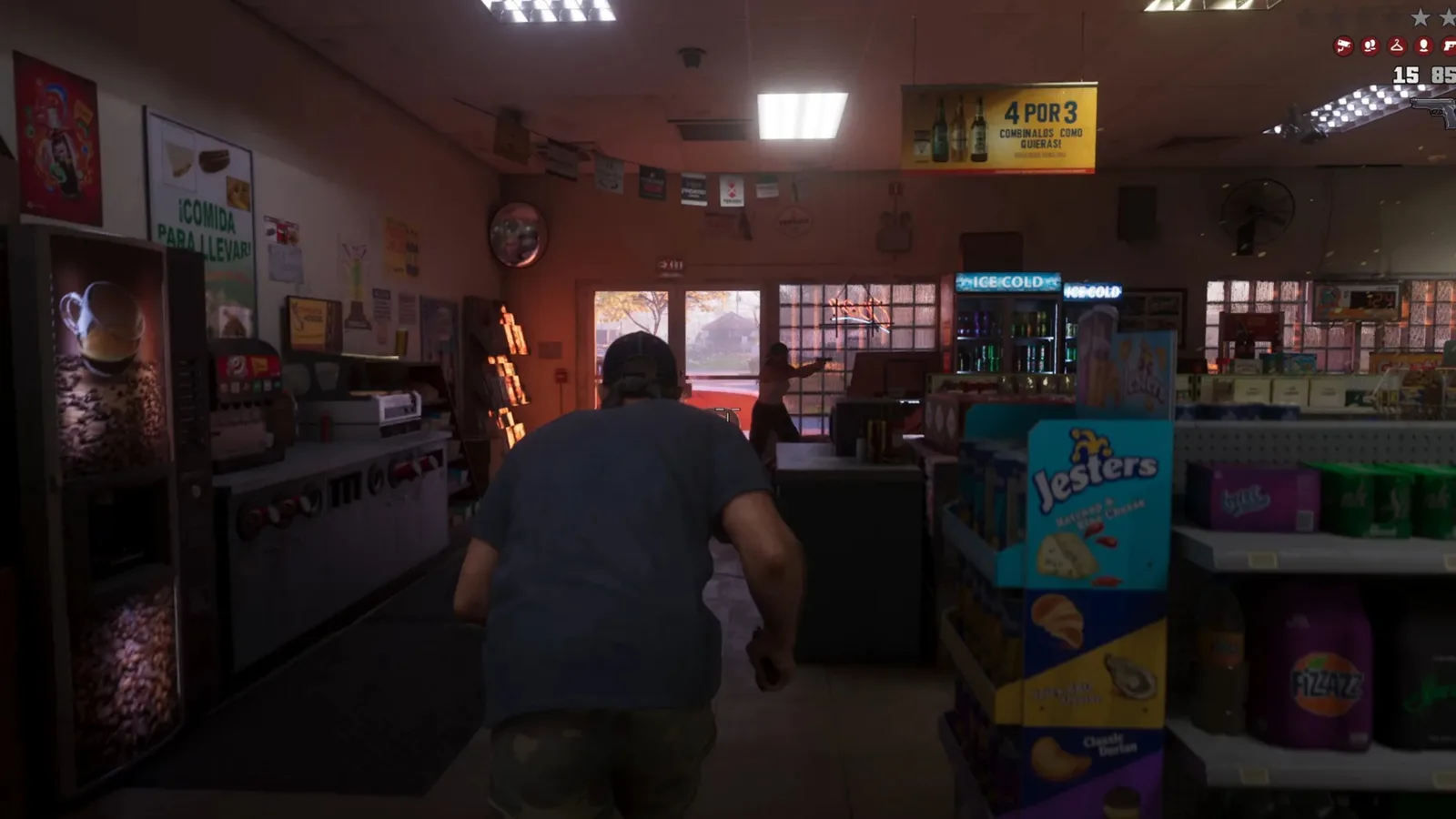 Jason sprinting through a Vice City store past snack displays and drink coolers in GTA 6