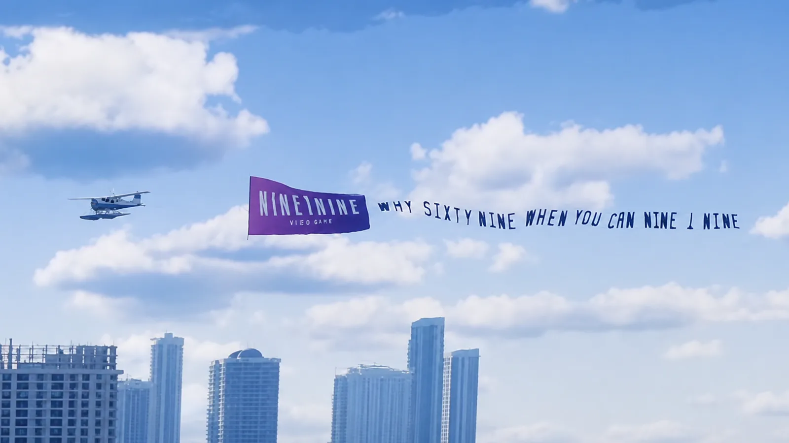 Seaplane towing a purple NINE1NINE banner reading why sixty nine when you can nine 1 nine over Vice City towers in GTA 6