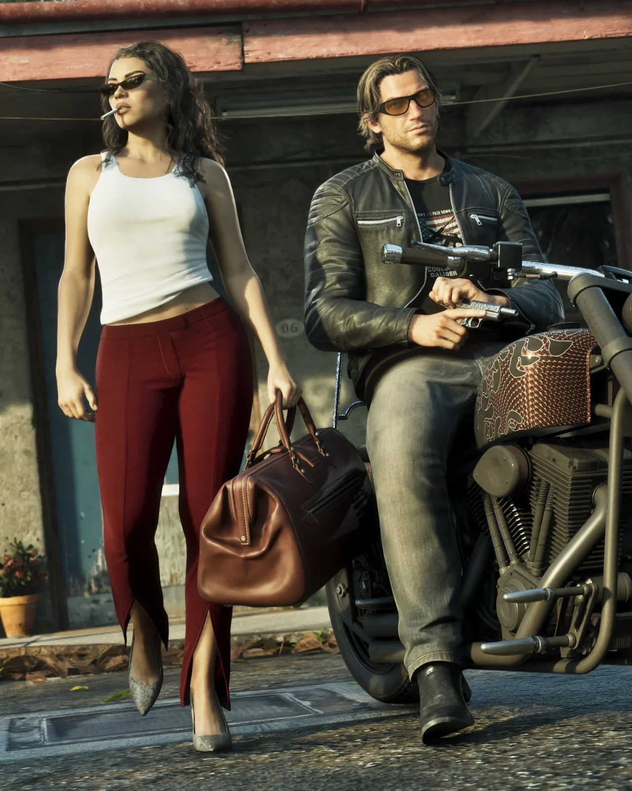Lucia carries a leather duffel past Jason, who sits on a motorbike holding a pistol in GTA 6