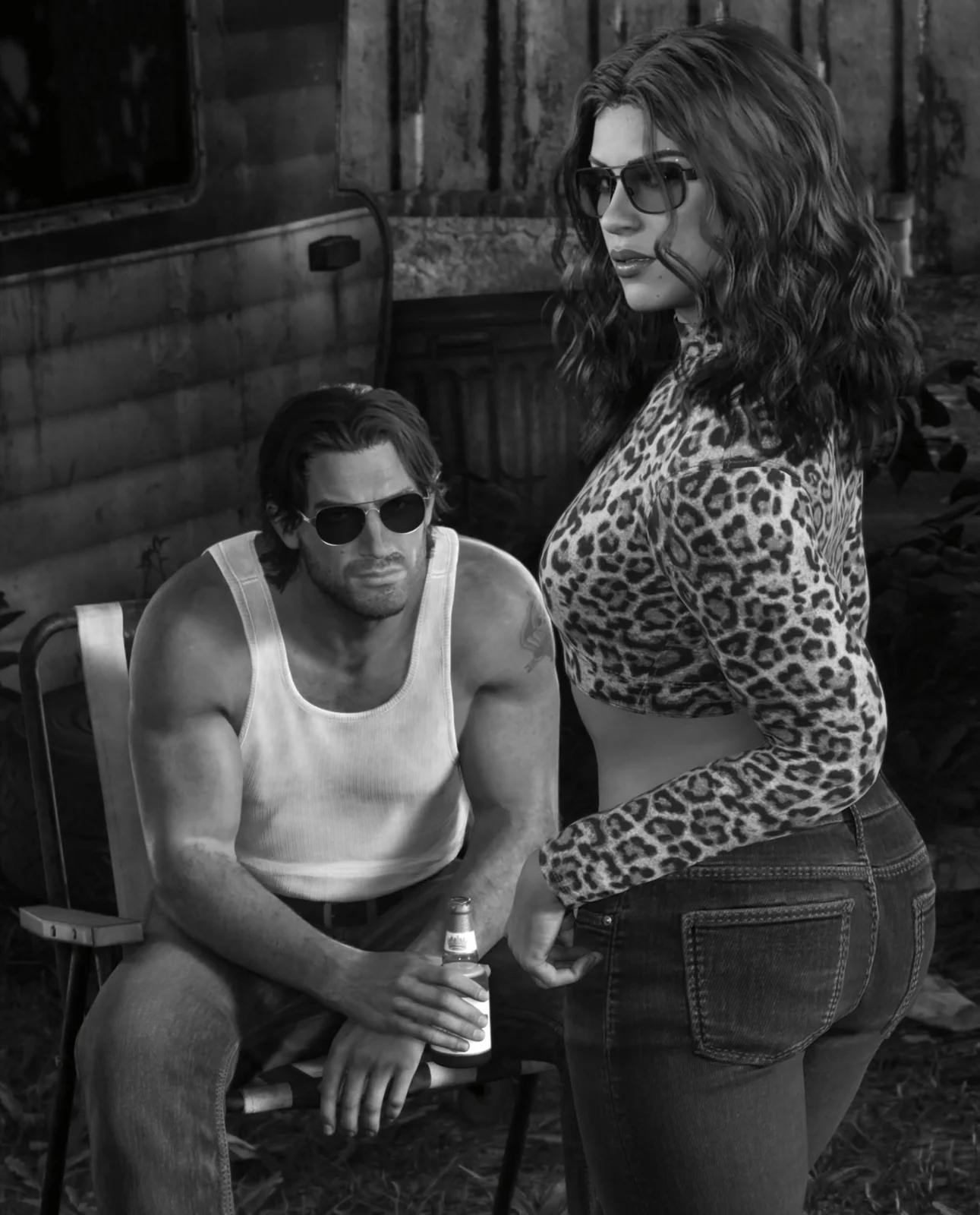 Black and white shot of Jason seated with a bottle while Lucia stands in a leopard-print top outside a trailer in GTA 6