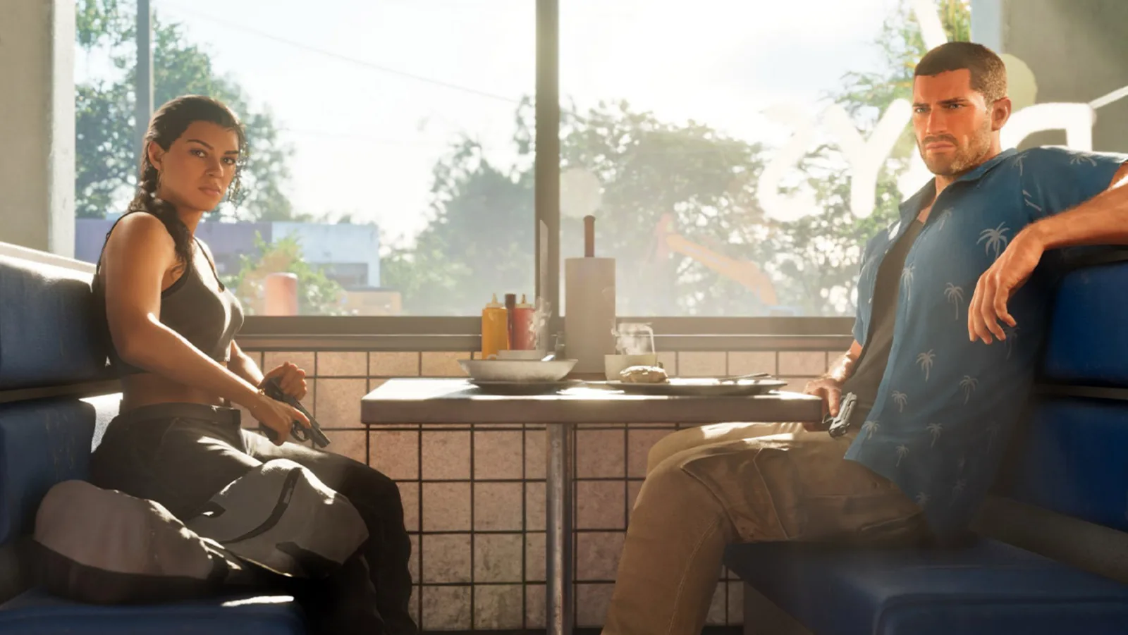 Lucia holds a pistol under the table across from Jason in a sunlit diner booth in GTA 6