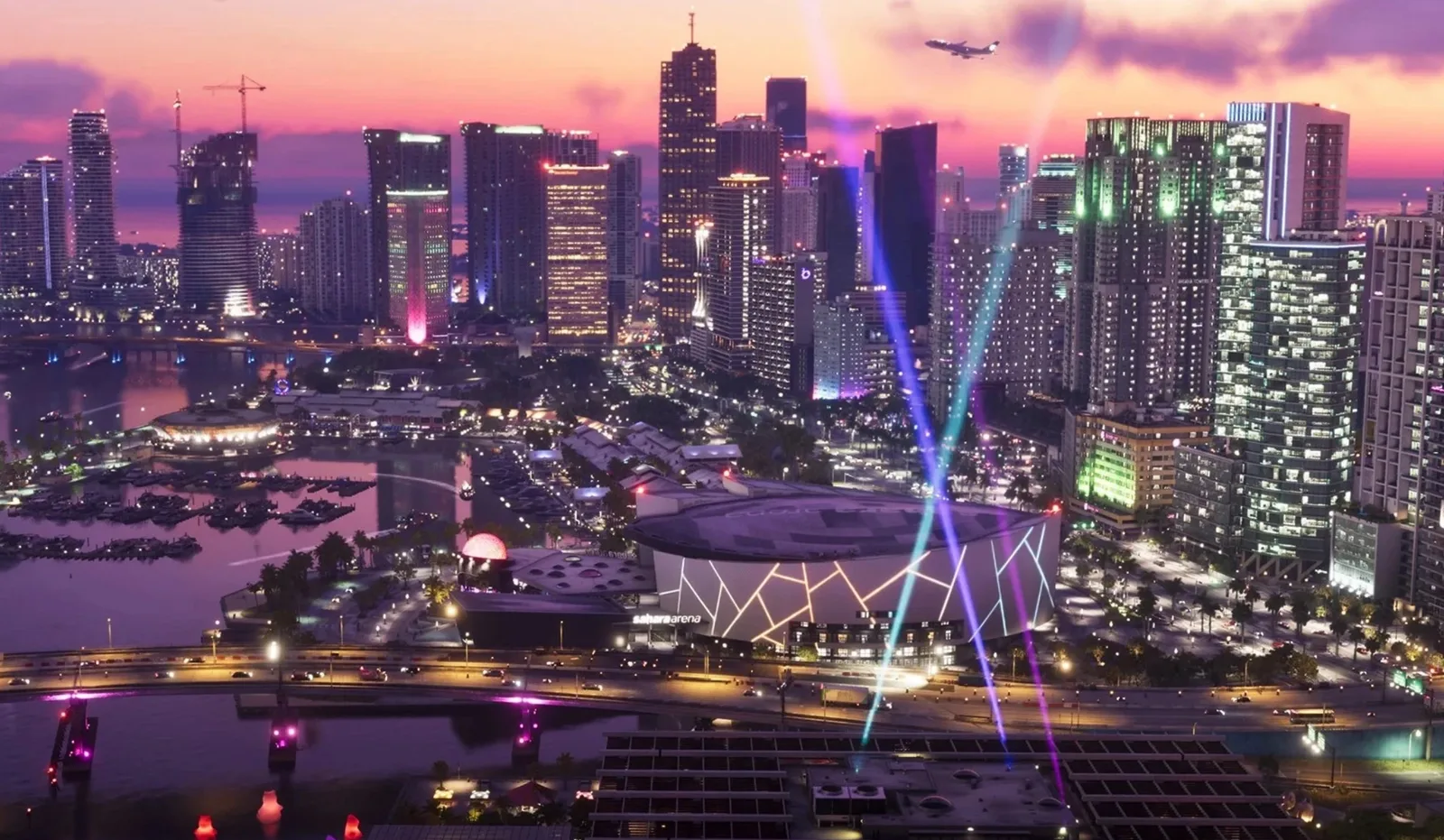 The Vice City arena firing light beams into a dusk skyline in GTA 6