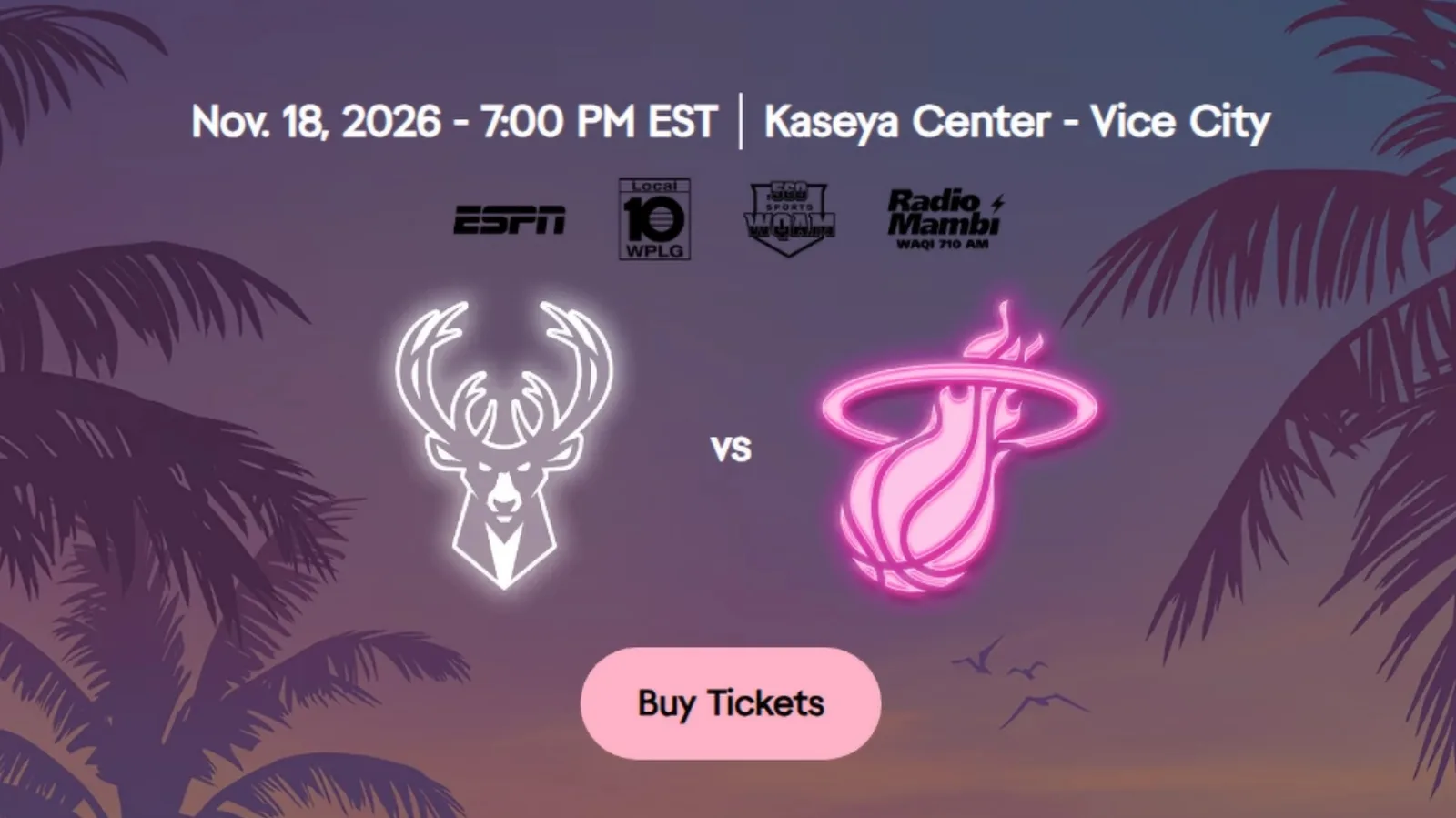 Bucks versus Vice City Heat game banner for November 18 2026 at Kaseya Center with ESPN and Local 10 logos