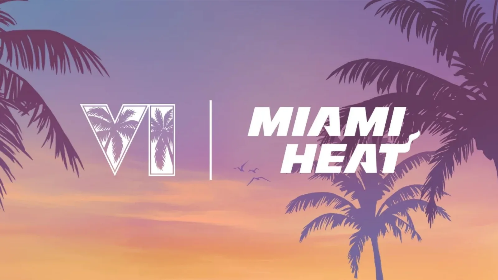 GTA VI logo next to the Miami Heat wordmark over sunset palms in the partnership lockup