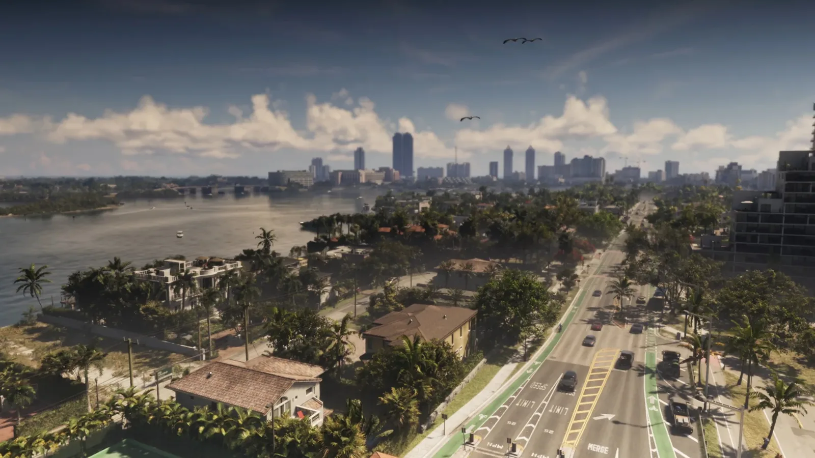 Aerial view of a Vice City causeway leading toward the downtown skyline in GTA 6
