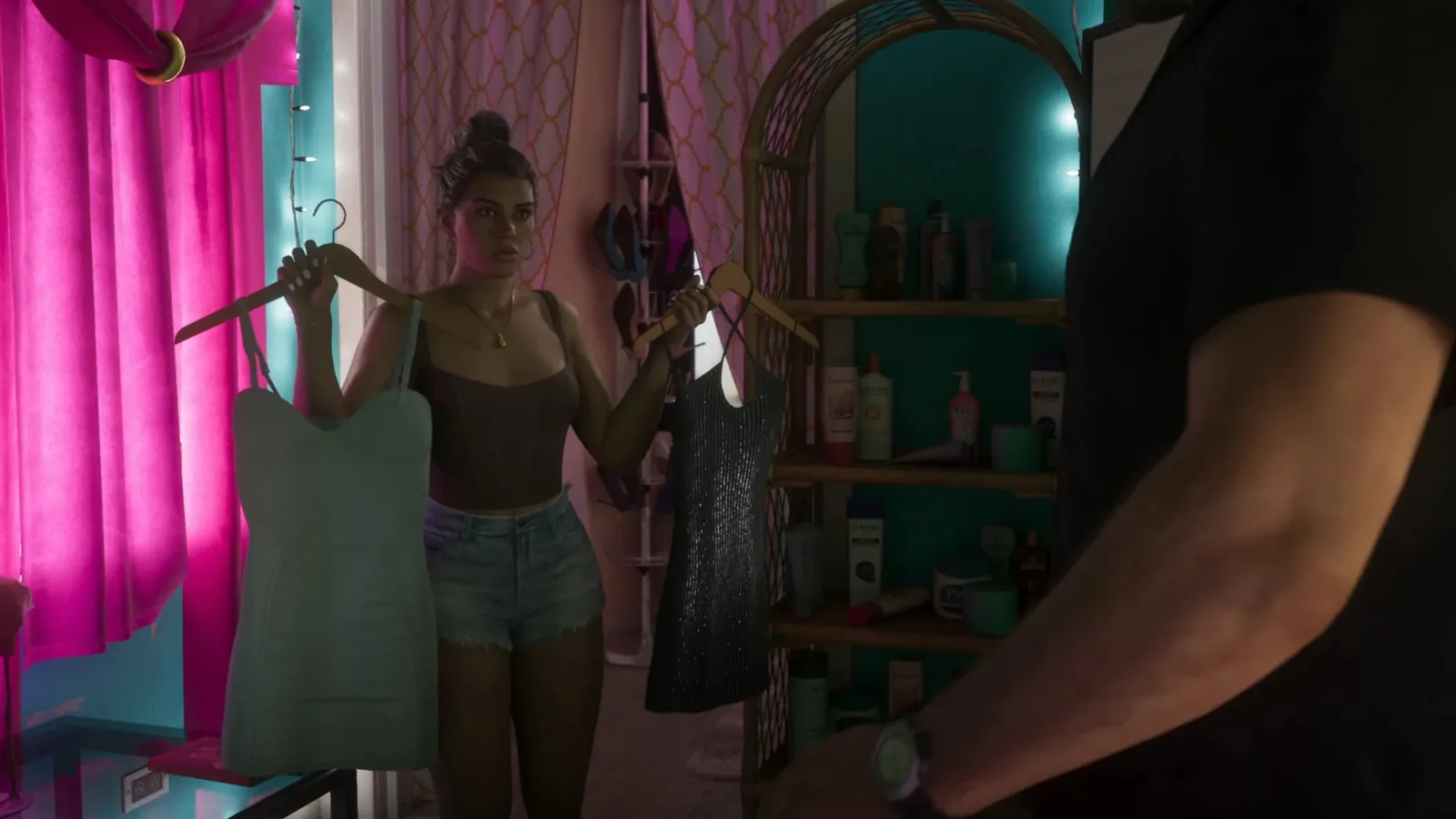 Lucia browsing outfits in a pink dressing room with clothing racks in GTA 6