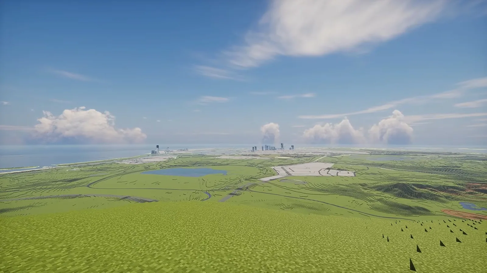 Flat green Minecraft terrain stretching toward distant Vice City towers on the horizon