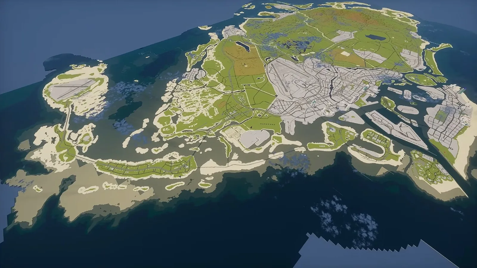 Aerial view of the full estimated GTA 6 map recreated as an island landmass in Minecraft