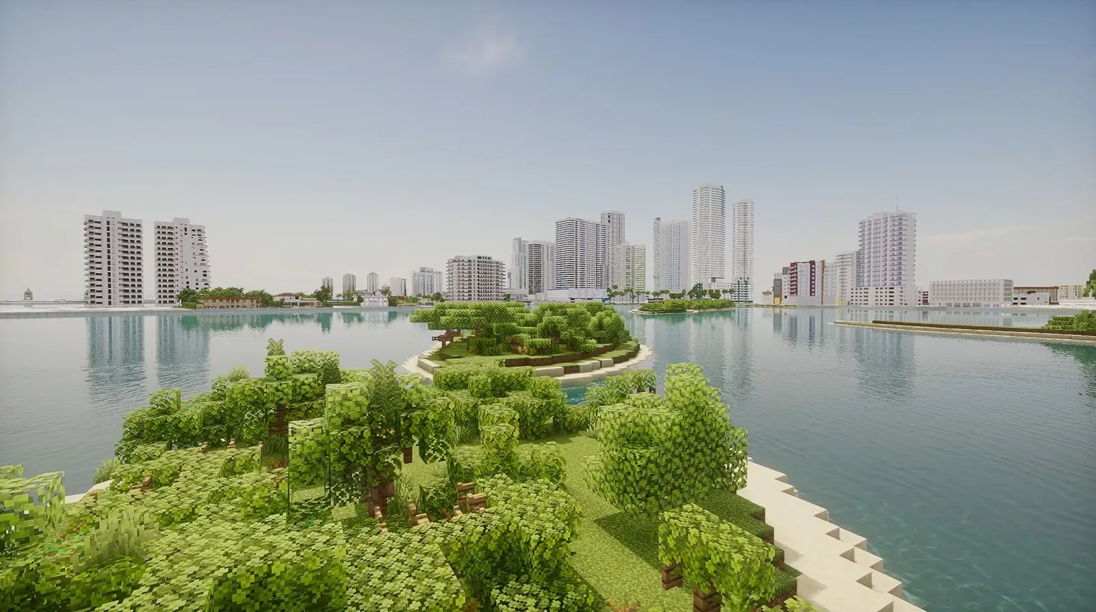 Minecraft Vice City skyline seen across the bay from a green mangrove island