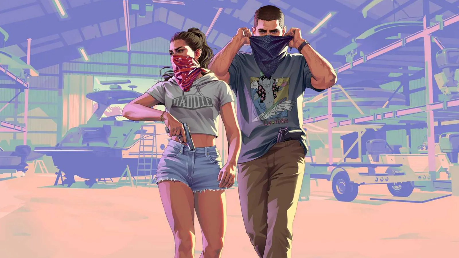 Official GTA 6 artwork of Lucia and Jason pulling bandanas over their faces inside a boat warehouse