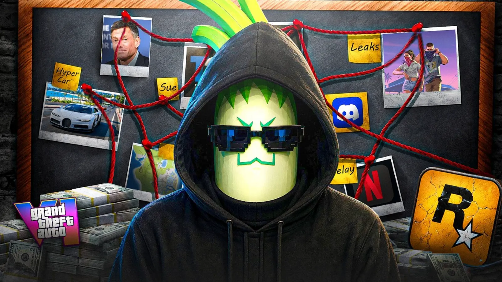 Illustration of a hooded leek-headed figure in front of an investigation board pinned with leak notes, a hypercar photo and platform logos