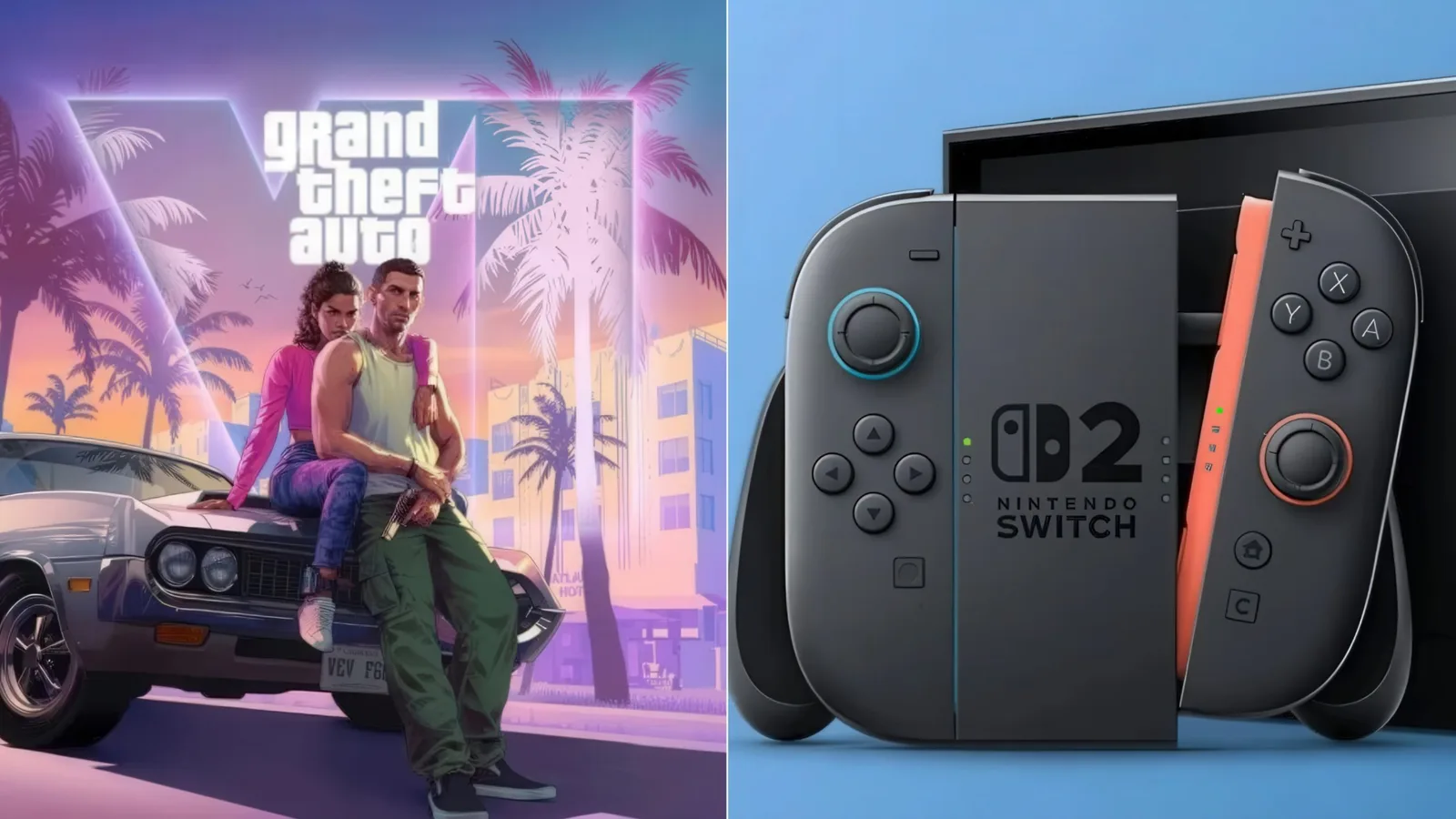 GTA VI cover art next to a Nintendo Switch 2 console, illustrating the reported technical tests