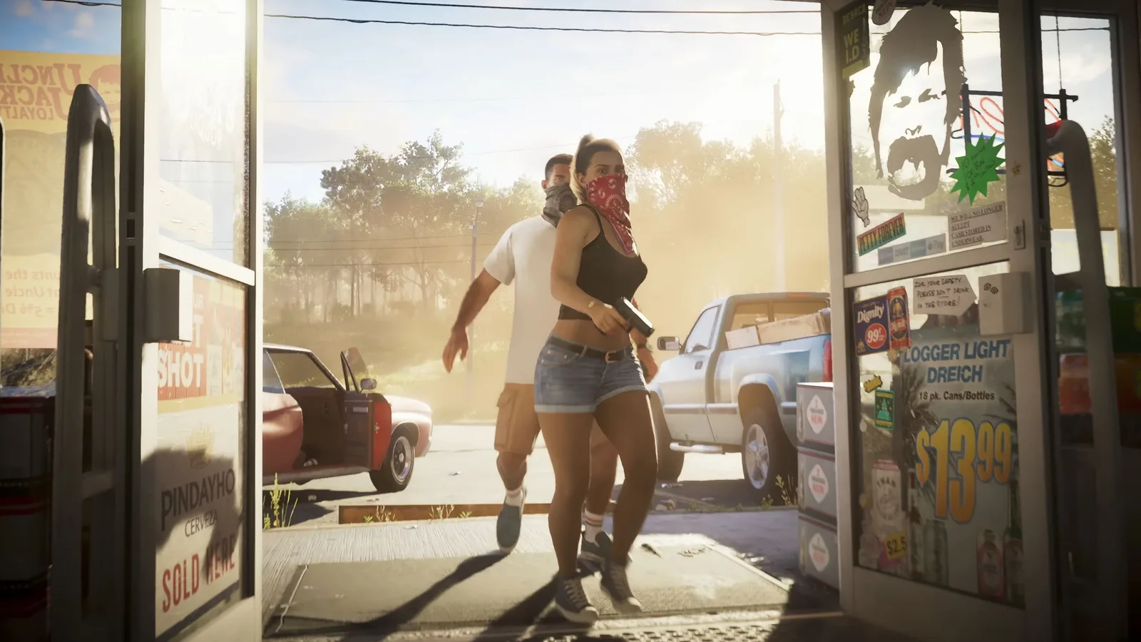 Two masked characters running from a convenience store, the kind of dense scripted set piece that would be hard to preserve on weaker hardware