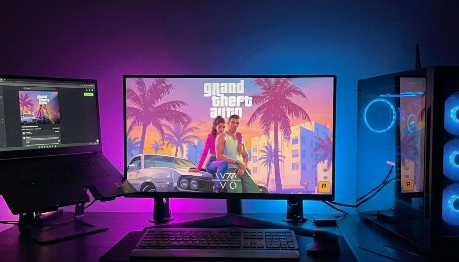 A desktop PC setup with GTA 6 key art on the monitor, the hardware millions of players hope to run the game on