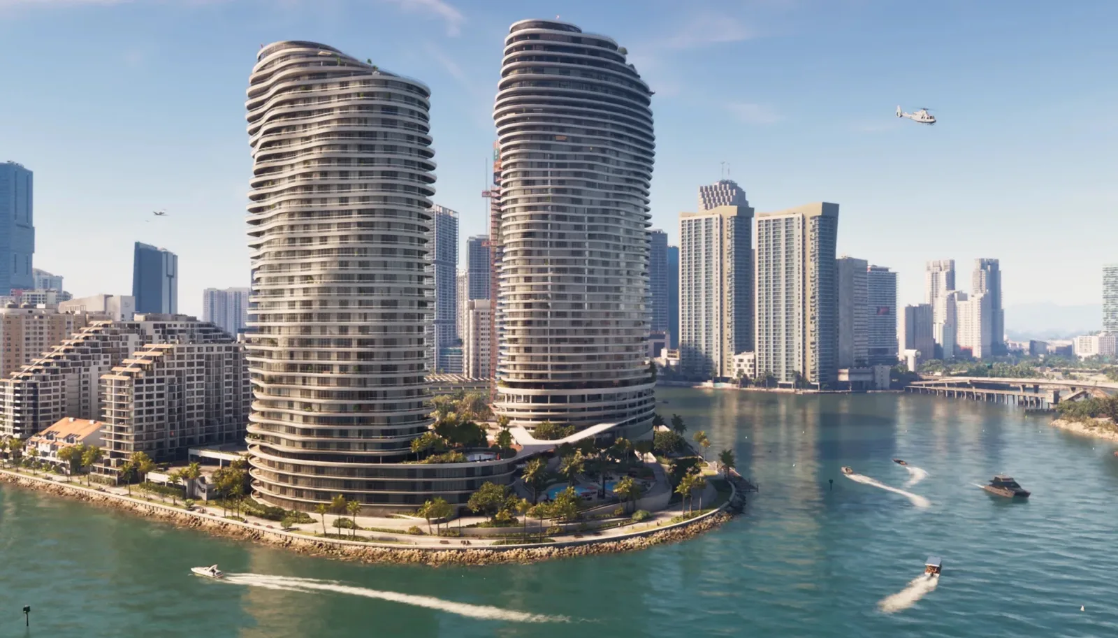 Twin waterfront towers over the bay in GTA 6, with boats cutting wakes across the water and a helicopter overhead