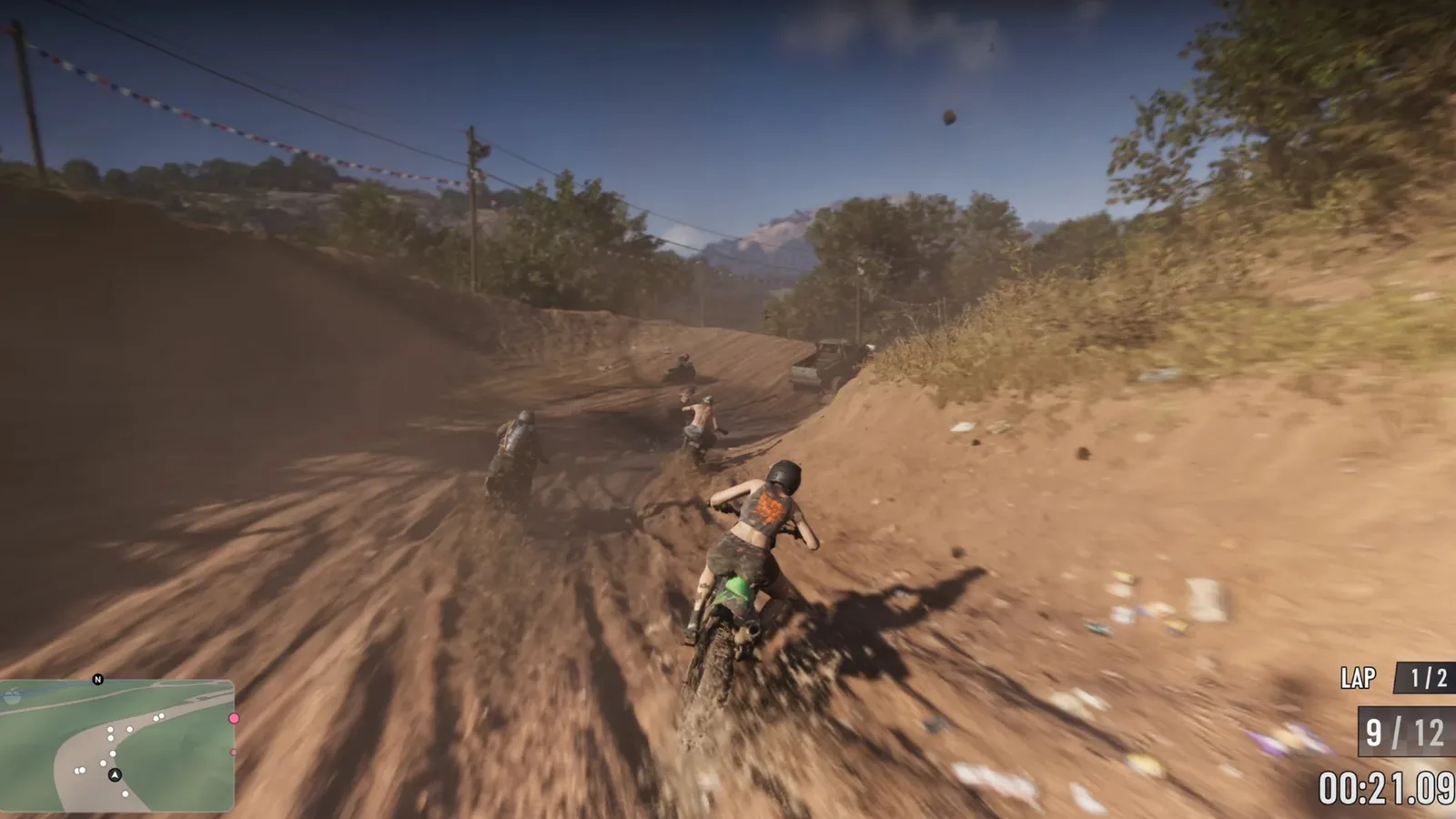 A dirt bike race with position and timer HUD on a sandy track in GTA 6