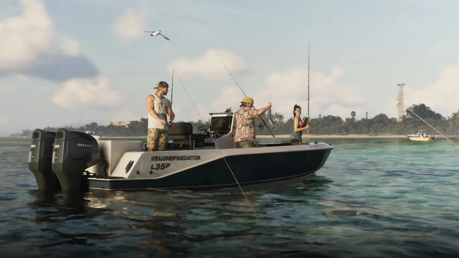 Three characters fishing from a boat off the Leonida coast in GTA 6