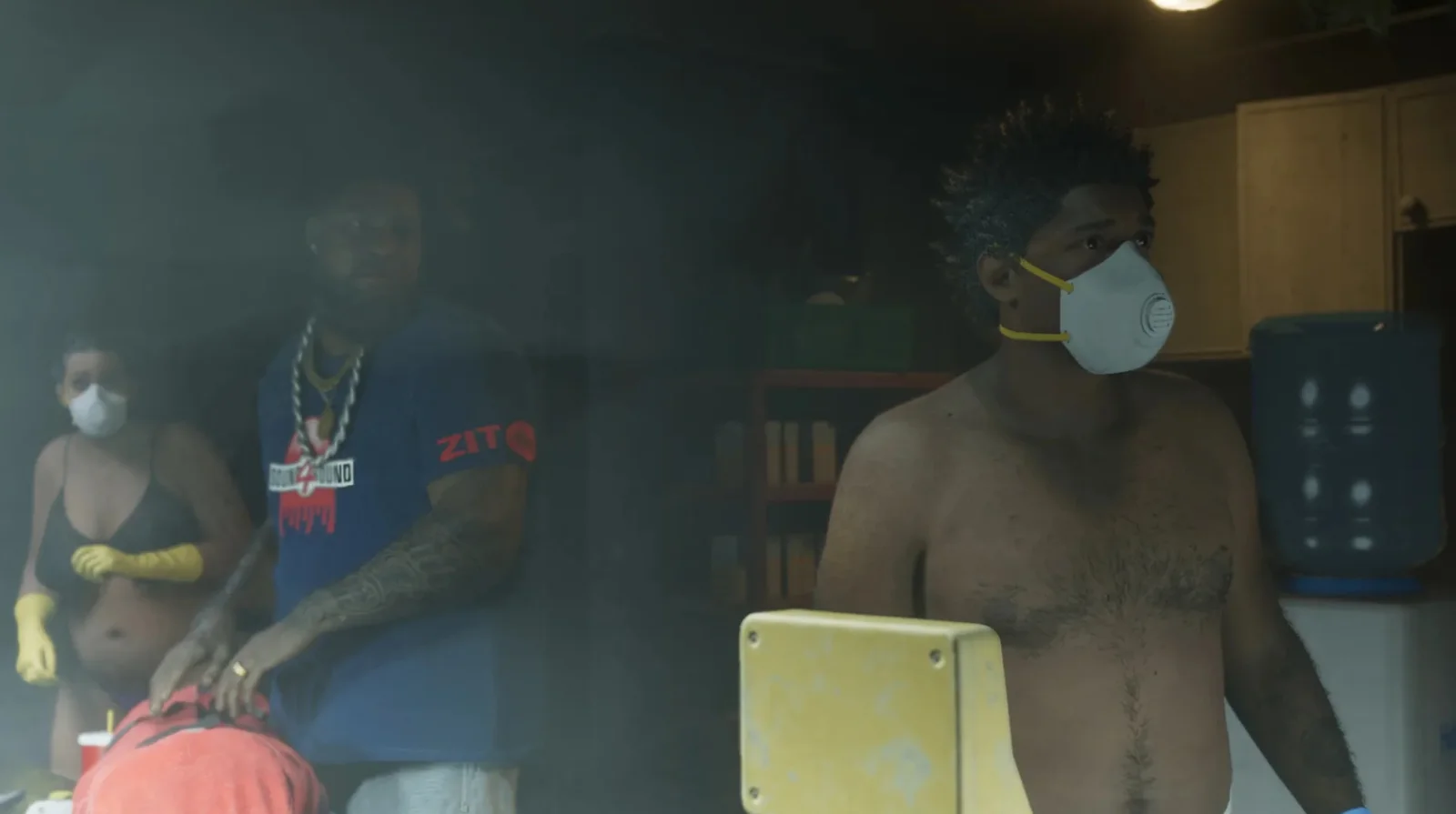 Masked crew members in a dark interior during a robbery in GTA 6