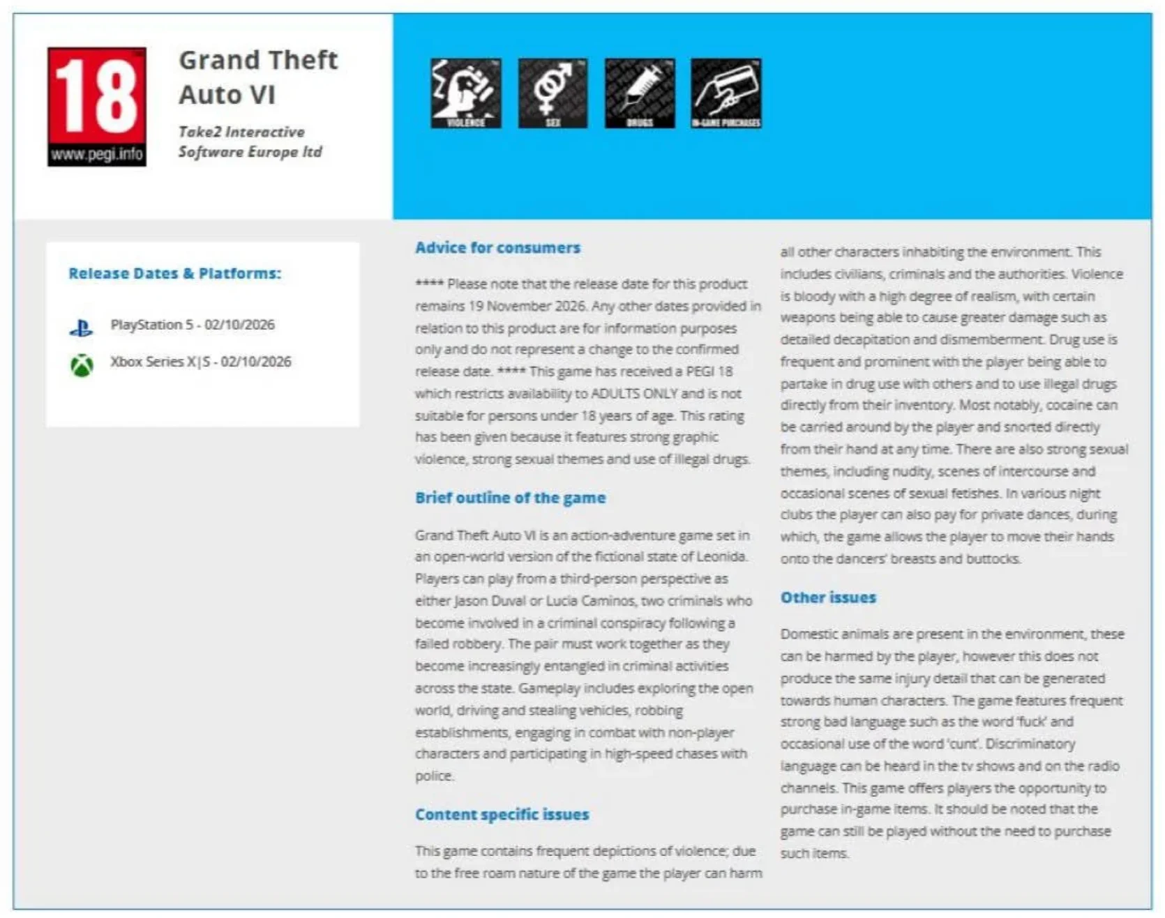 Capture of the removed PEGI rating page for GTA 6 showing the full written content description