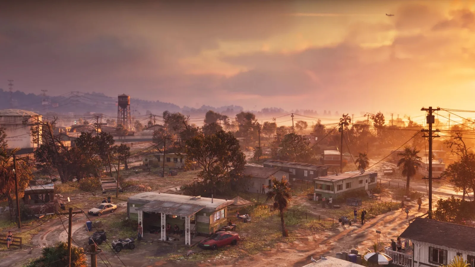 Sun setting over a dusty gas station and trailers in rural Leonida in GTA 6