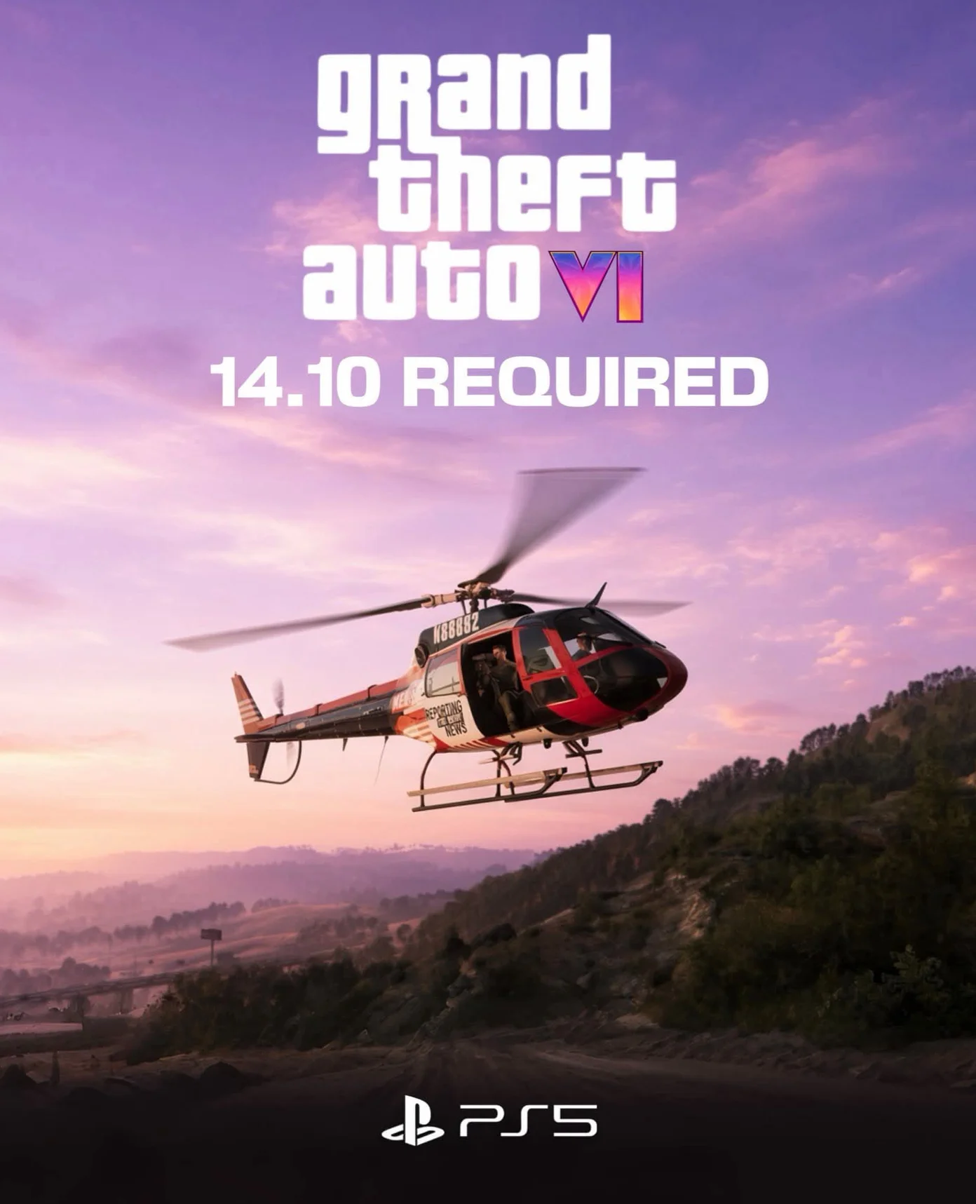 Grand Theft Auto VI 14.10 required graphic with a helicopter over Leonida and the PS5 logo