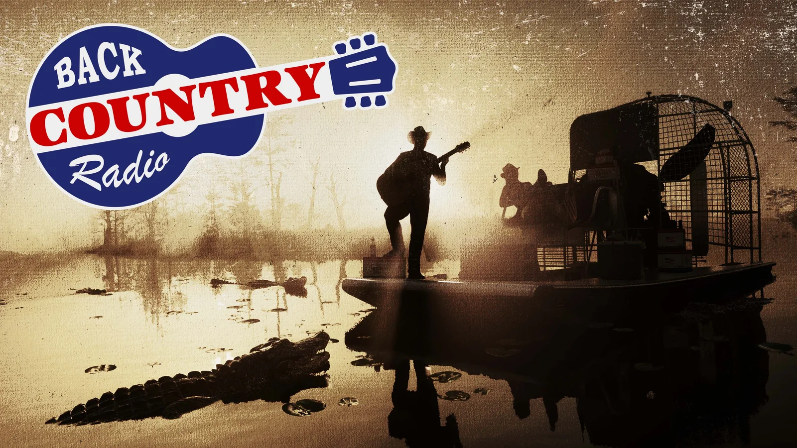 Back Country Radio artwork with a silhouetted guitarist on a boat surrounded by gators