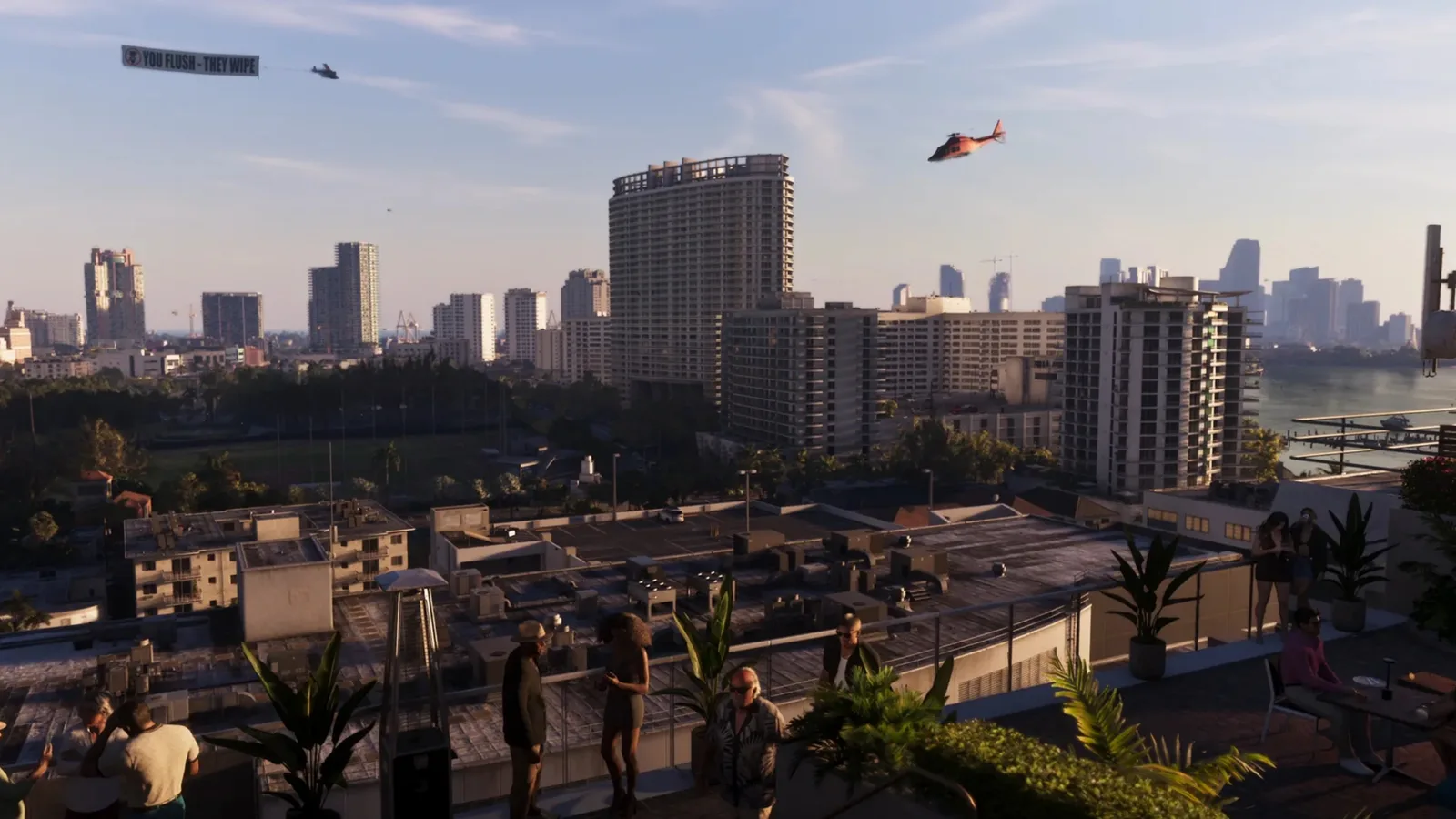 Los Santos skyline at golden hour above dense rooftops in NoPixel V