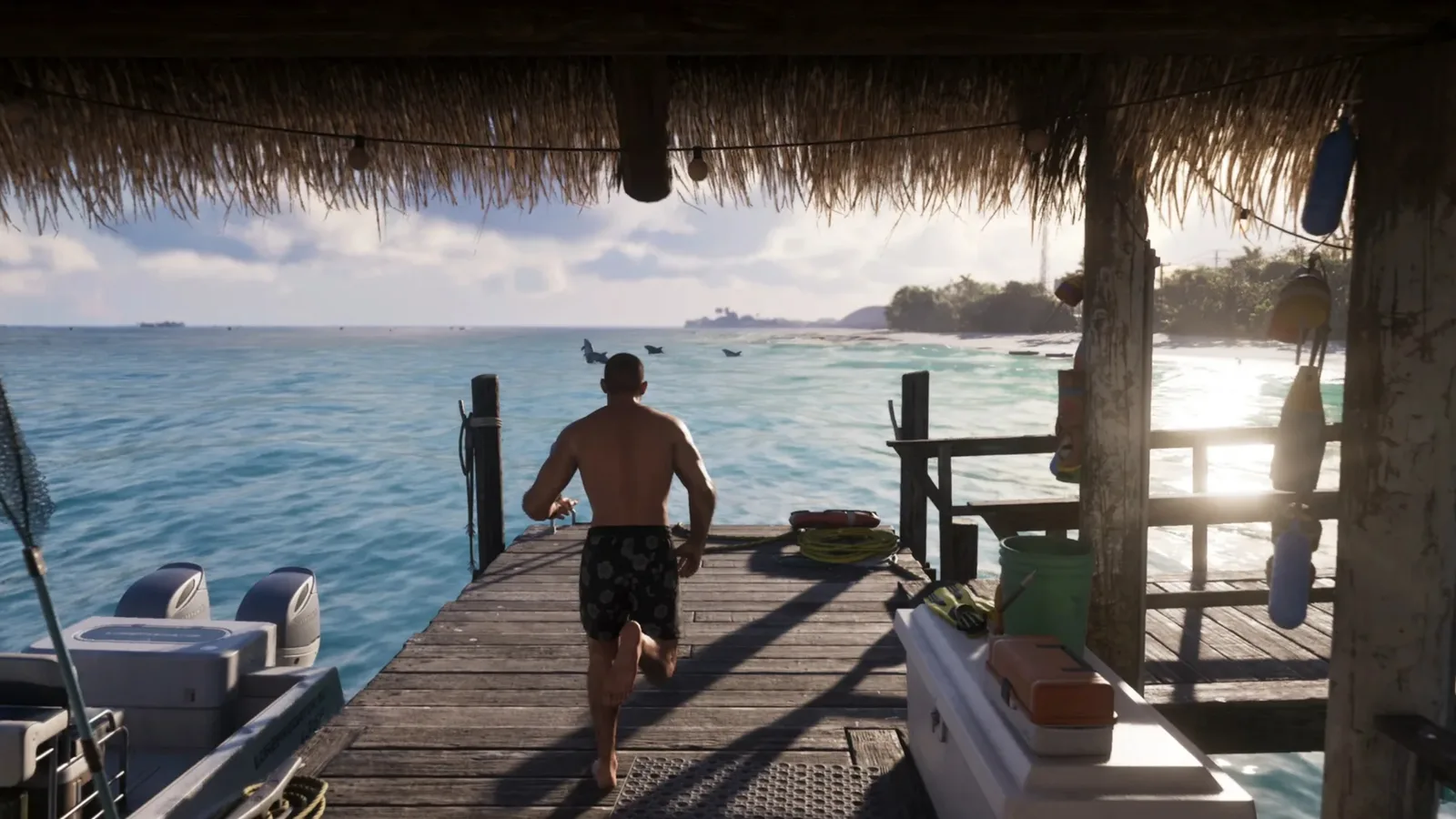 A man running down a wooden dock toward the sea at golden hour in GTA 6