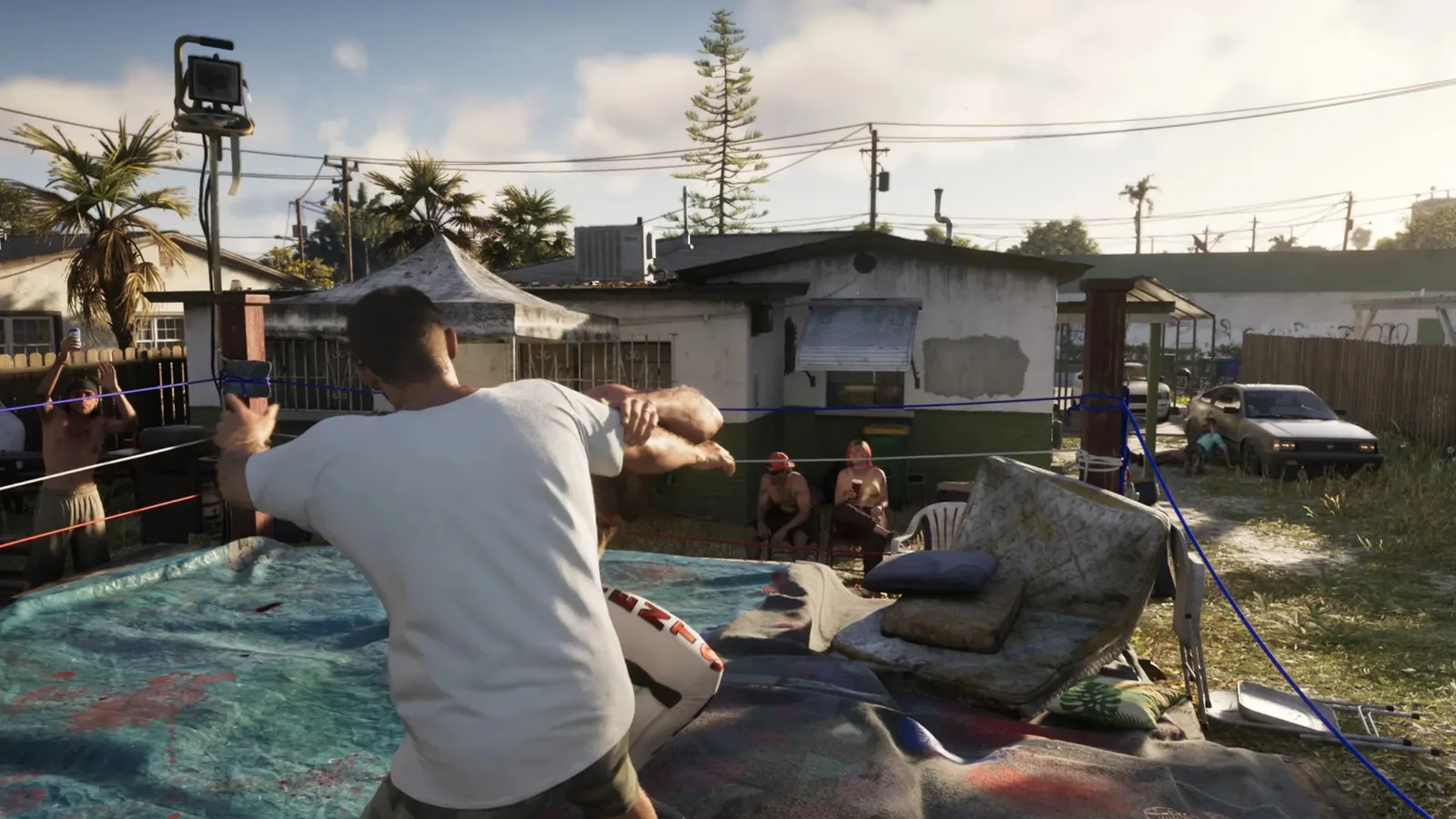 Jason slamming an opponent in a makeshift backyard wrestling ring in GTA 6