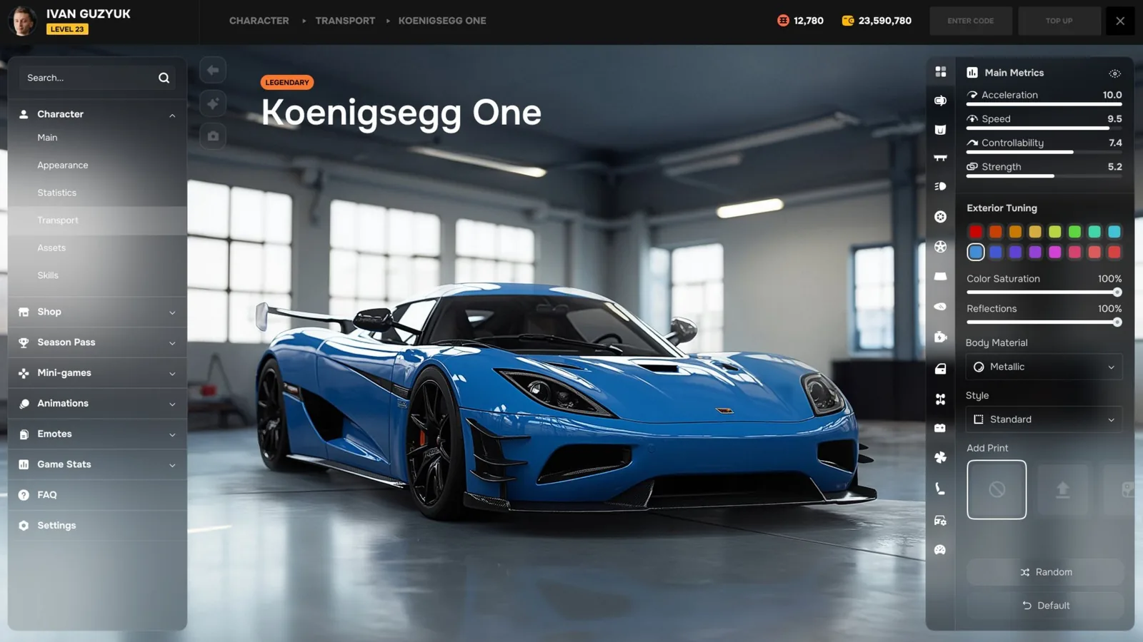 Fan concept of a GTA 6 garage menu showing a blue hypercar with tuning sliders and stat bars