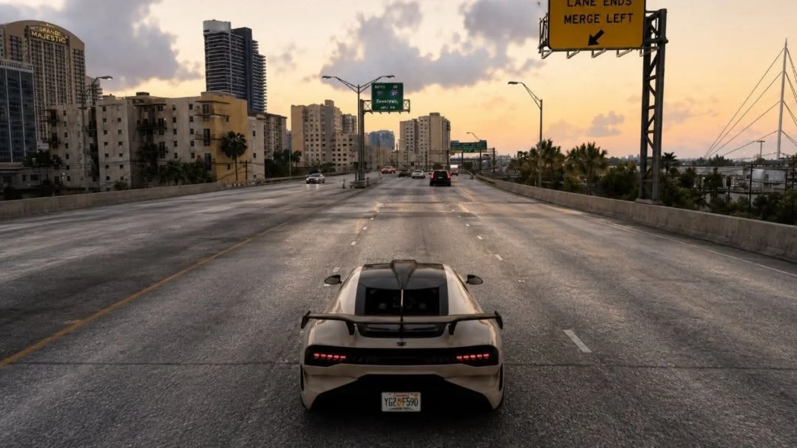 A white hypercar heading down a Vice City highway at dusk with city towers and traffic ahead in GTA 6