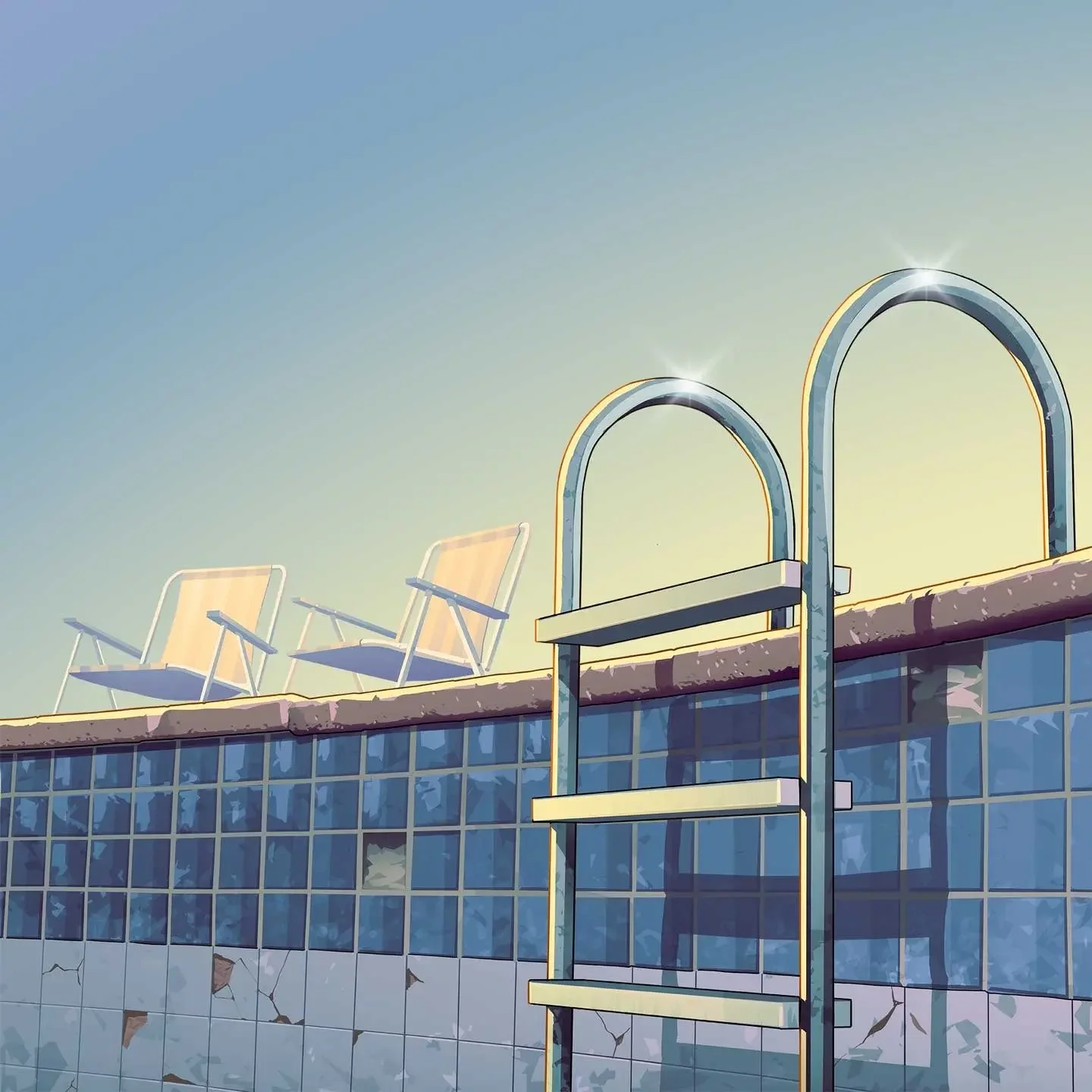 Official GTA 6 artwork of a pool ladder and lawn chairs beside a drained pool at the Starlet Motel