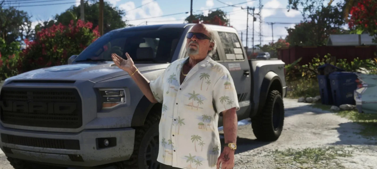Brian Heder gesturing beside his Vapid pickup truck on a sunny Keys street in GTA 6