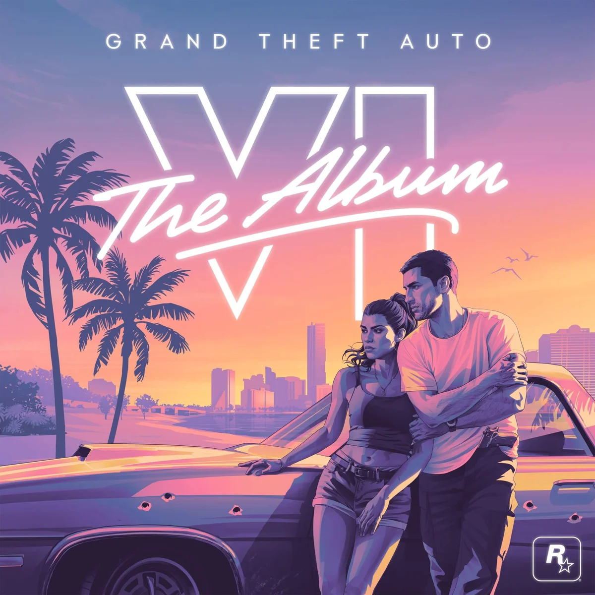 GTA VI: The Album cover art with Jason and Lucia against a bullet-holed car under palm trees and the neon The Album script