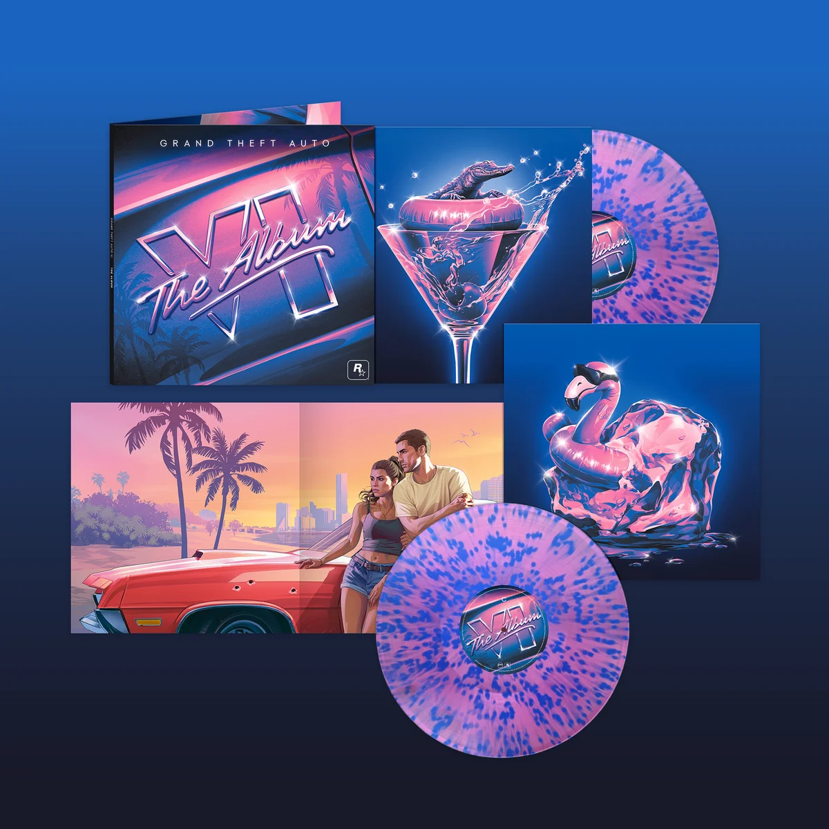 Standard GTA VI: The Album splatter vinyl in pink and blue with the Jason and Lucia gatefold artwork