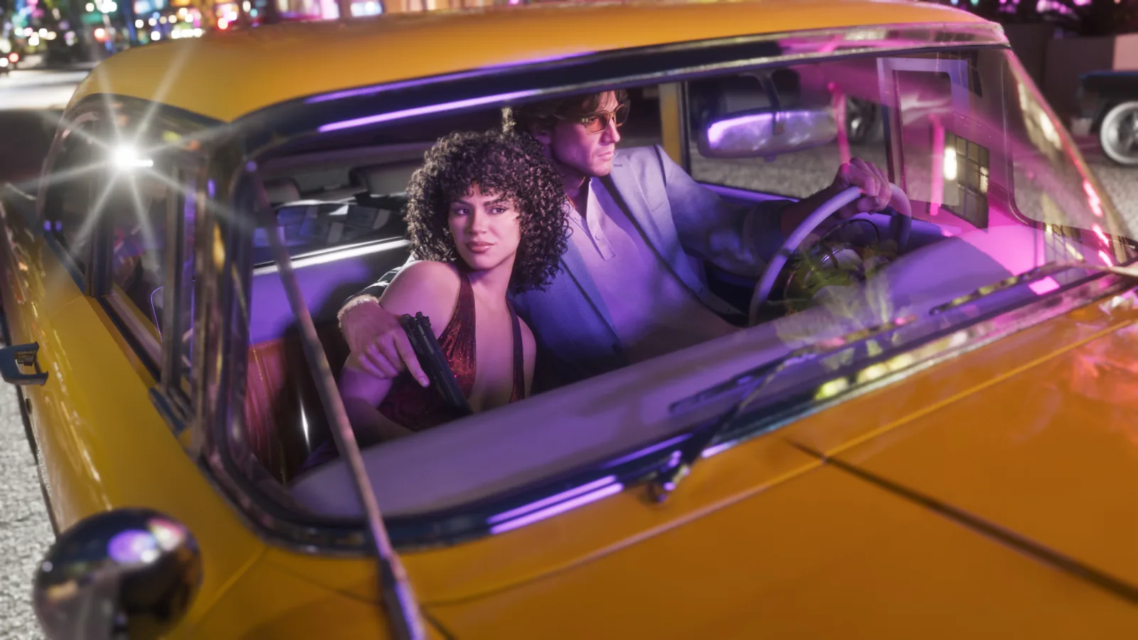A man and woman riding in a vintage yellow car through a neon-lit Vice City street at night in GTA 6