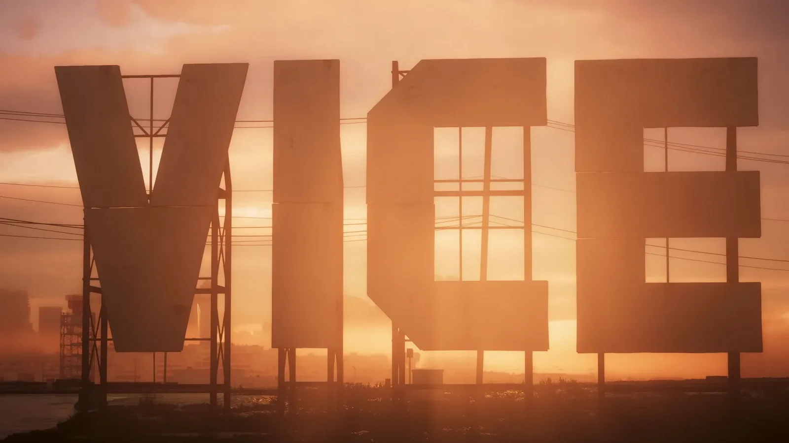 VICE letters glowing at sunset on the waterfront in GTA 6