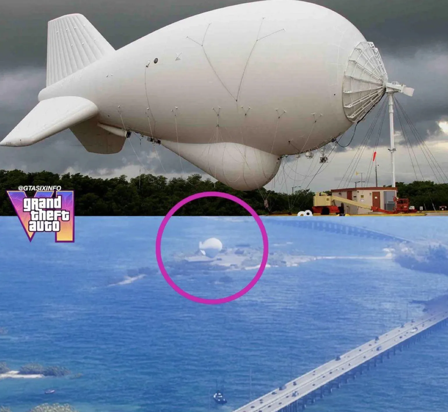 Comparison image showing the white Fat Albert radar aerostat at its Florida Keys base above an aerial GTA 6 shot with the same white airship circled near a long sea bridge