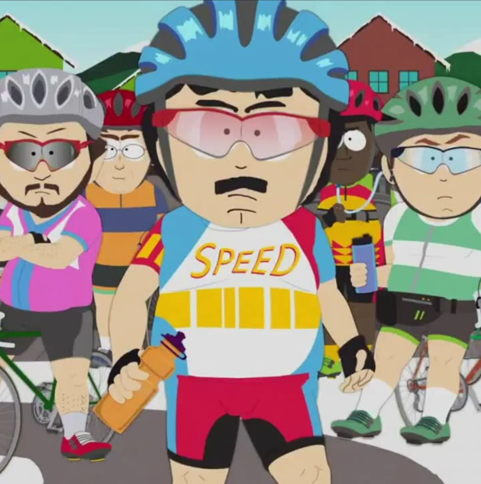 Randy Marsh in a Speed cycling jersey leading a pack of lycra-clad riders in South Park season 29