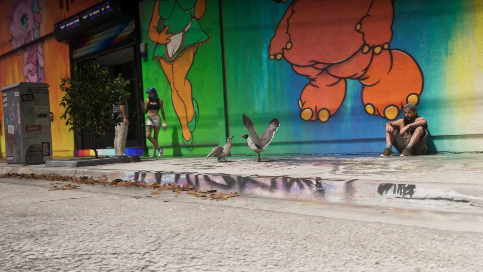 Gulls walking on a Stockyard pavement in front of a rainbow-coloured mural in GTA 6