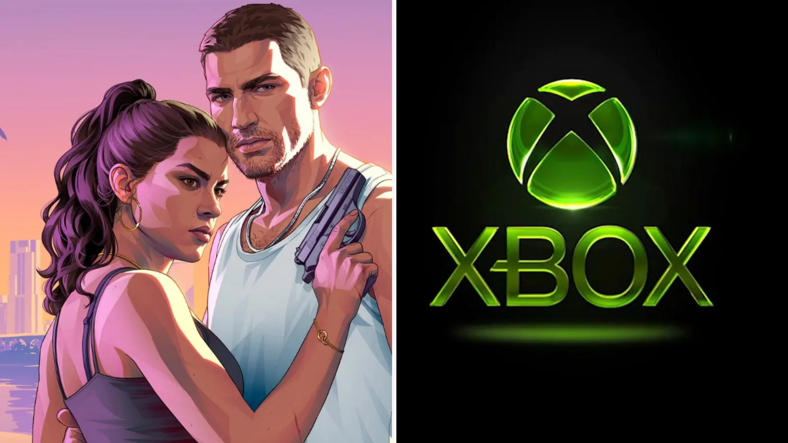 GTA 6 key art of Jason and Lucia beside the glowing green Xbox logo